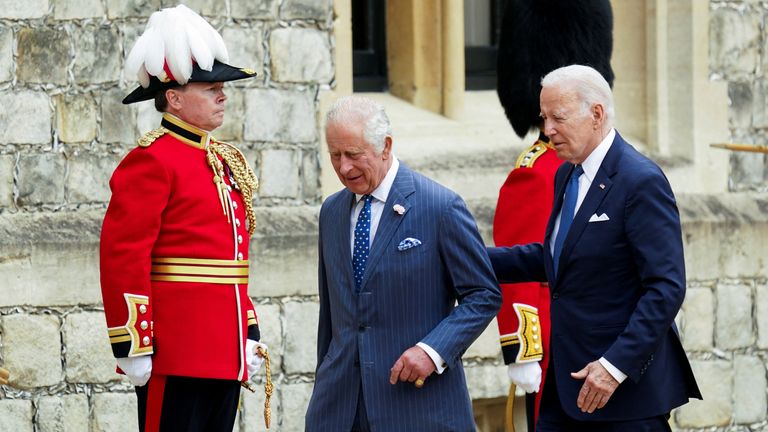 U.S. President Joe Biden is welcomed by Britain's King Charles at Windsor Castle in Windsor, Britain, July 10, 2023. REUTERS/Kevin Lamarque
