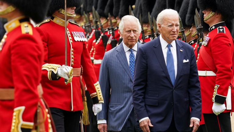 U.S. President Joe Biden participates in a ceremonial arrival and inspection of the honour guard with Britain&#39;s King Charles at Windsor Castle in Windsor, Britain, July 10, 2023. REUTERS/Kevin Lamarque
