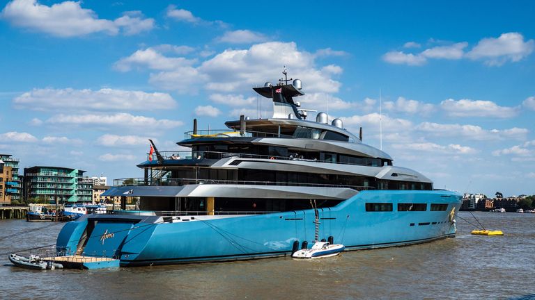 Aviva III owned by Joe Lewis  moored on the River Thames in central London 