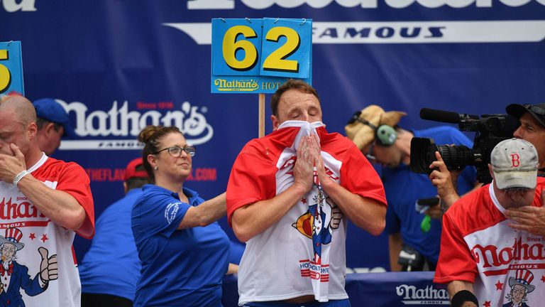 Photo by: NDZ/STAR MAX/IPx 2023 7/4/23 Professional competitive eater Joey Chestnut wins his 16th title eating 62 Nathan&#39;s hot dogs in 10 minutes at the Nathan&#39;s Famous International Hot Dog Eating Contest at Coney Island on July 4, 2023 in New York City.