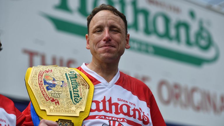 Photo by: NDZ/STAR MAX/IPx 2023 7/4/23 Professional competitive eater Joey Chestnut wins his 16th title eating 62 Nathan&#39;s hot dogs in 10 minutes at the Nathan&#39;s Famous International Hot Dog Eating Contest at Coney Island on July 4, 2023 in New York City.
