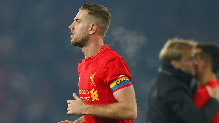 Jordan Henderson wearing the rainbow armband in support of the LGBT community. Pic: AP