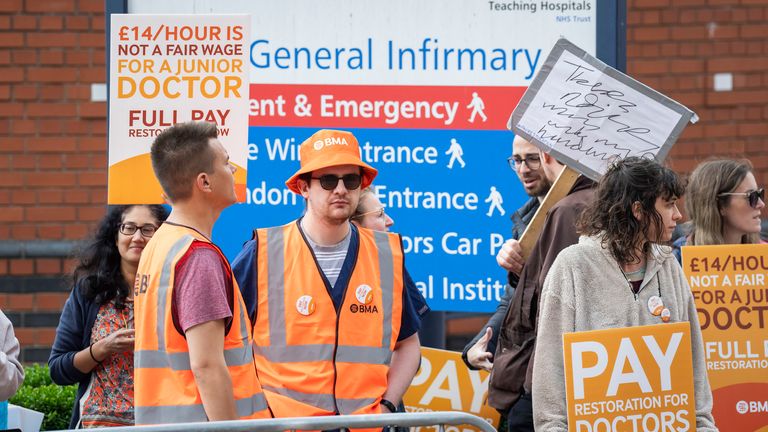 Junior doctor and members of the British Medical Association (BMA) on the picket line outside Leeds General Infirmary at the start a five-day strike amid the continuing dispute over pay, the longest walkout of its kind in the history of the NHS. Picture date: Thursday July 13, 2023. PA Photo.  See PA story INDUSTRY Strikes Doctors. Photo credit should read: Danny Lawson/PA Wire