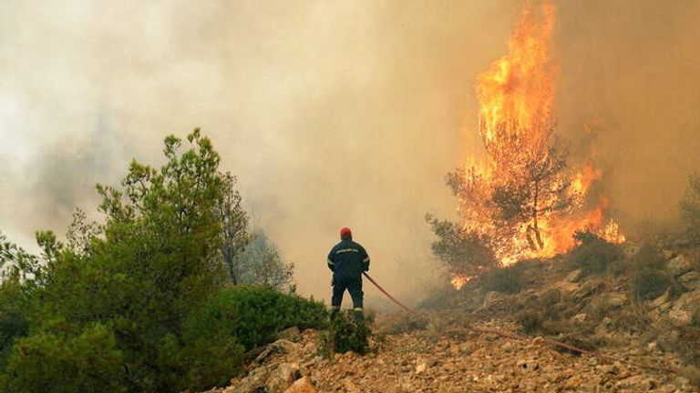 A firefighter tries to extinguish a wildfire burning near the village of Kandyli, near Athens, Greece, July 19, 2023. REUTERS/Stelios Misinas     TPX IMAGES OF THE DAY/File Photo