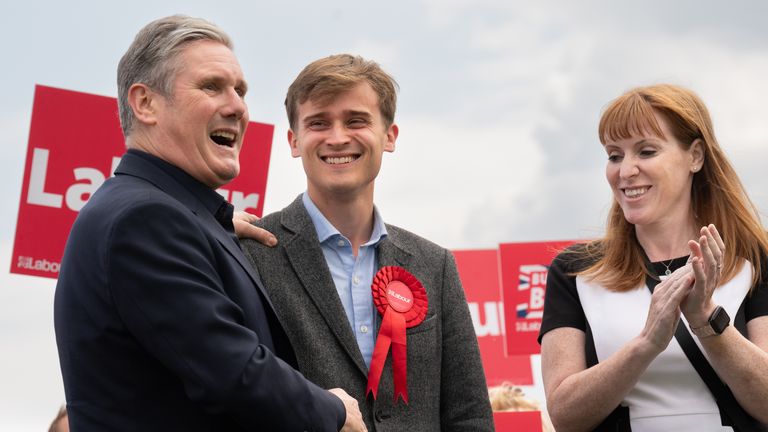Newly elected Labour MP Keir Mather (centre), with Labour leader Sir Keir Starmer and deputy Labour Party leader Angela Rayner at Selby football club, North Yorkshire, after winning the Selby and Ainsty by-election. Picture date: Friday July 21, 2023.
