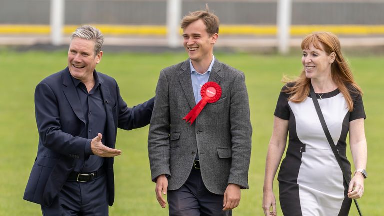 Newly-elected Labour MP Keir Mather (centre), with Labour leader Sir Keir Starmer and deputy Labour Party leader Angela Rayner at Selby football club