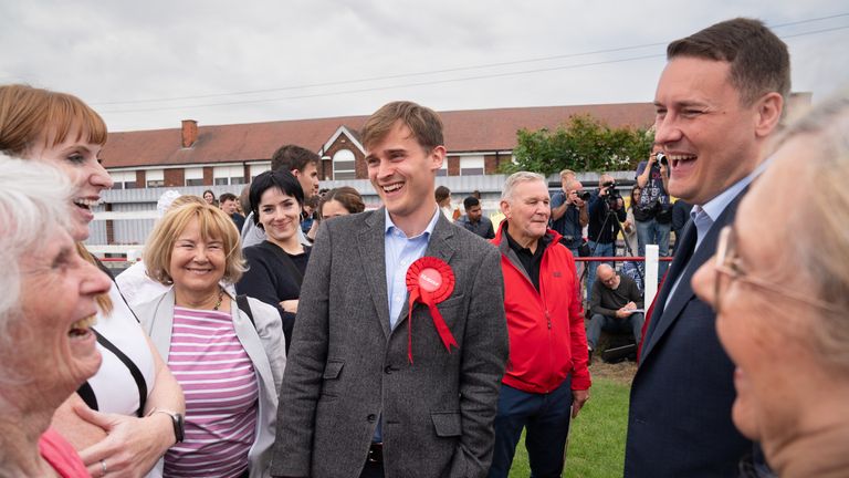 Newly elected Labour MP Keir Mather (centre) with Labour’s shadow health secretary, Wes Streeting (right) and deputy leader, Angela Rayner (back left) at Selby football club, North Yorkshire, after winning the Selby and Ainsty by-election. Picture date: Friday July 21, 2023.