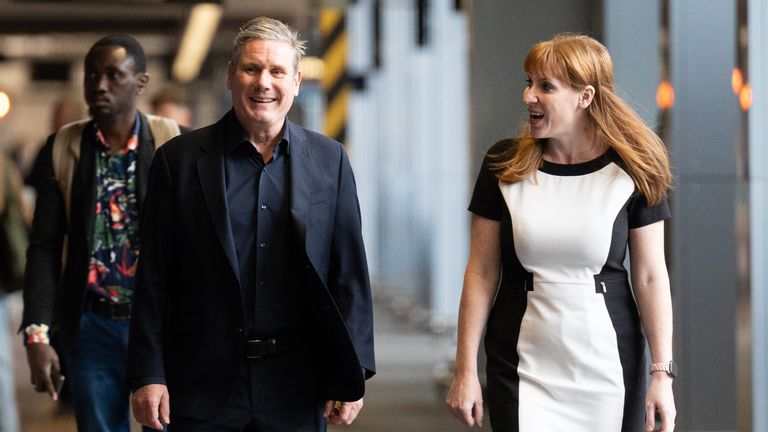 Labour leader Sir Keir Starmer and deputy Labour Party leader Angela Rayner board a train to Selby, North Yorkshire at Kings Cross station in London to meet with newly elected MP Keir Mather after his success in the Selby and Ainsty by-election. Picture date: Friday July 21, 2023.
