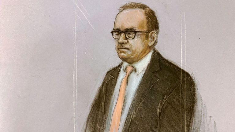 Court artist sketch by Elizabeth Cook of actor Kevin Spacey appearing at Southwark Crown Court, London, charged with three counts of indecent assault, seven counts of sexual assault, one count of causing a person to engage in sexual activity without consent and one count of causing a person to engage in penetrative sexual activity without consent between 2001 and 2005. Picture date: Friday June 30, 2023.

