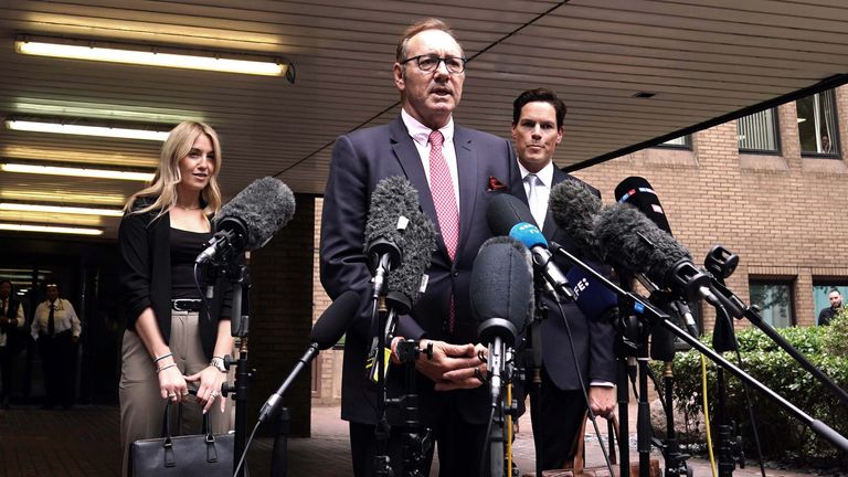 Actor Kevin Spacey speaks to the media outside Southwark Crown Court, London, after he was found not guilty of sexually assaulting four men following a trial. Picture date: Wednesday July 26, 2023.

