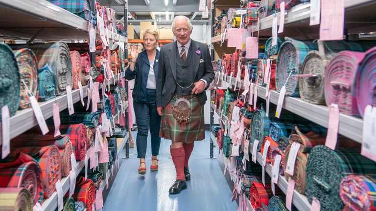 King Charles III, with managing director Dawn Robson-Bell, during a visit to Lochcarron of Scotland at the Waverley textile mill in Selkirk, in the Scottish Borders, as part of the first Holyrood Week since the King&#39;s coronation. Picture date: Thursday July 6, 2023.