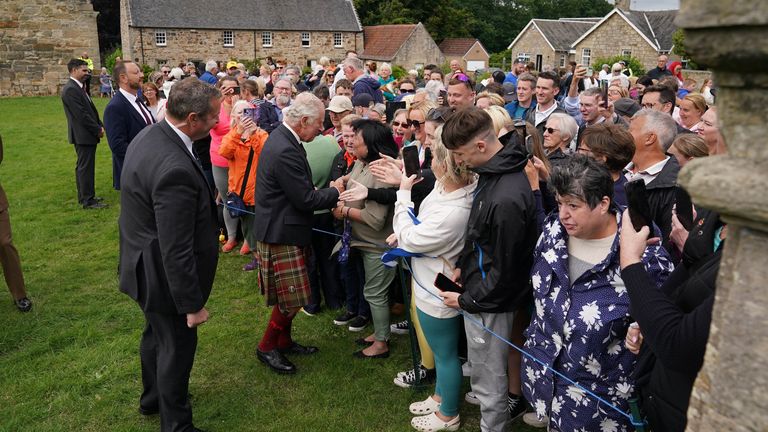 King Charles III meets members of the public during his visit to Kinneil House in Edinburgh, marking the first Holyrood Week since his coronation. Picture date: Monday July 3, 2023. PA Photo. See PA story ROYAL King. Photo credit should read: Andrew Milligan/PA Wire