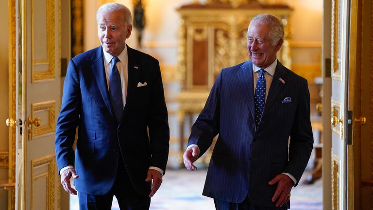 King Charles III and US President Joe Biden arrive to meet participants of the Climate Finance Mobilisation forum in the Green Drawing Room at Windsor Castle, Berkshire, during President Biden&#39;s visit to the UK. Picture date: Monday July 10, 2023.