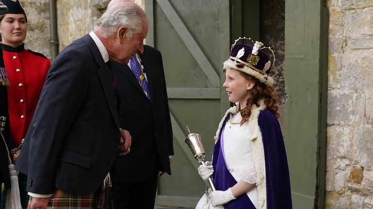 King Charles III greets the Bo&#39;ness Fair Queen, Lexi Scotland, during his visit to Kinneil House in Edinburgh, marking the first Holyrood Week since his coronation. Picture date: Monday July 3, 2023. PA Photo. See PA story ROYAL King. Photo credit should read: Andrew Milligan/PA Wire