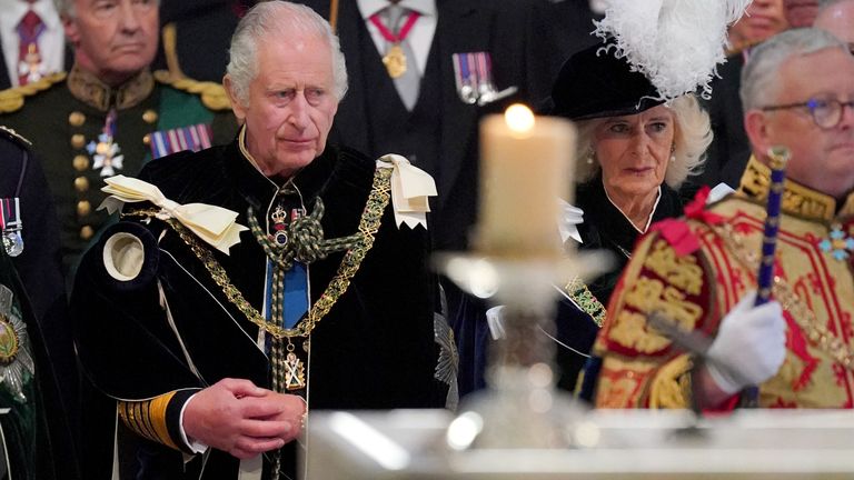 King Charles III and Queen Camilla arrive for the National Service of Thanksgiving and Dedication, and the presentation of the Honours of Scotland, at St Giles&#39; Cathedral, Edinburgh. Picture date: Wednesday July 5, 2023. Jonathan Brady/Pool via REUTERS
