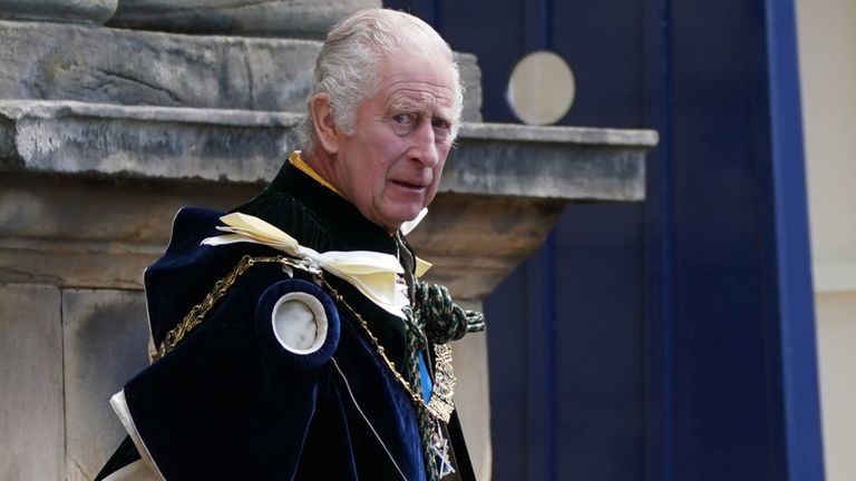 King Charles III leaving the Palace of Holyroodhouse, Edinburgh, for the National Service of Thanksgiving and Dedication for King Charles III and Queen Camilla, and the presentation of the Honours of Scotland. Picture date: Wednesday July 5, 2023. PA Photo. See PA story ROYAL King. Photo credit should read: Yui Mok/PA Wire