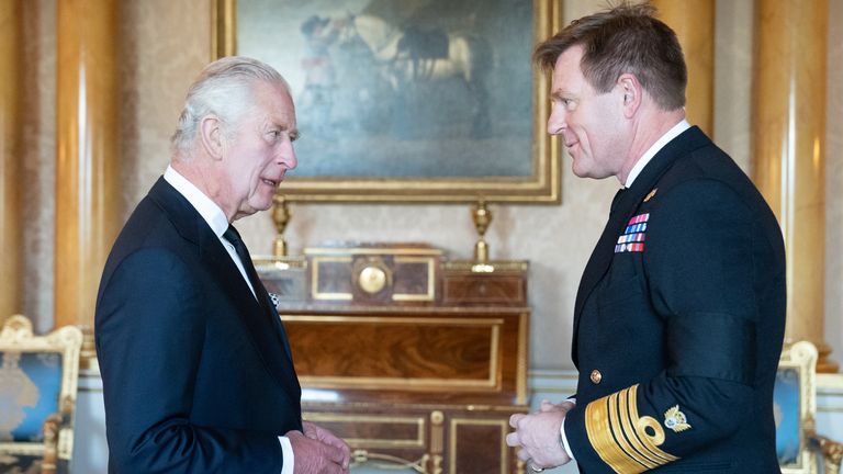 The King greets Admiral Sir Ben Key, First Sea Lord, in September 2022