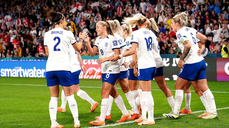 England&#39;s Georgia Stanway (second left) celebrates scoring their side&#39;s first goal of the game during the FIFA Women&#39;s World Cup 2023