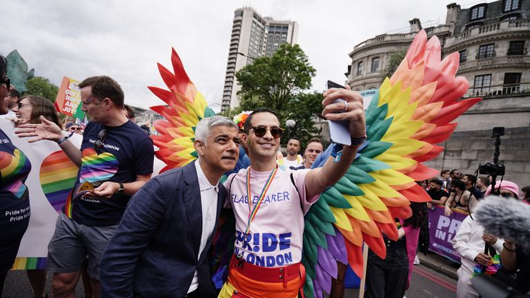 Sadiq Khan posing for a selfie ahead of the London Pride march. Pic: PA