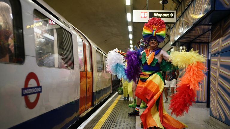 A drag queen on the way to Hyde Park for the London Pride march. Pic: PA
