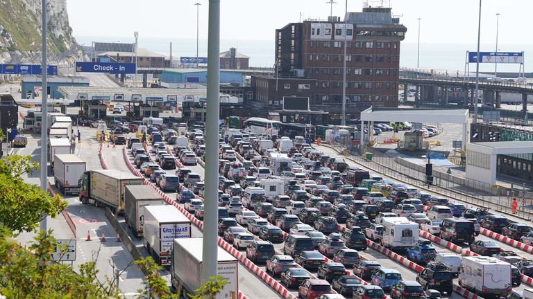 Lorries and cars queue at the Port of Dover, Kent, as the busy summer travel period gets underway.  Picture date: Friday July 21, 2023. PA Photo. Photo credit should read: Gareth Fuller/PA Wire