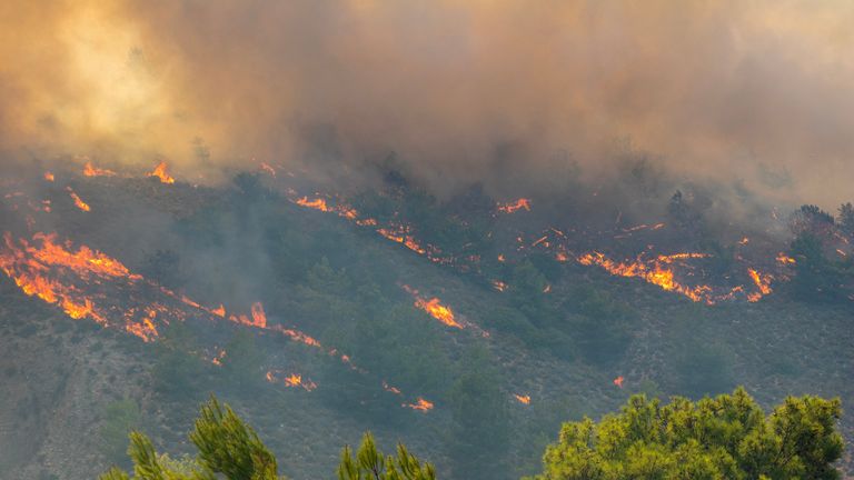 Yunanistan'ın Rodos adasındaki Malona köyü yakınlarında bir orman yangını yanarken alevler yükseliyor, 24 Temmuz 2023. REUTERS/Lefteris Damianidis YENİDEN SATIŞ YOK.  ARŞİV YOK