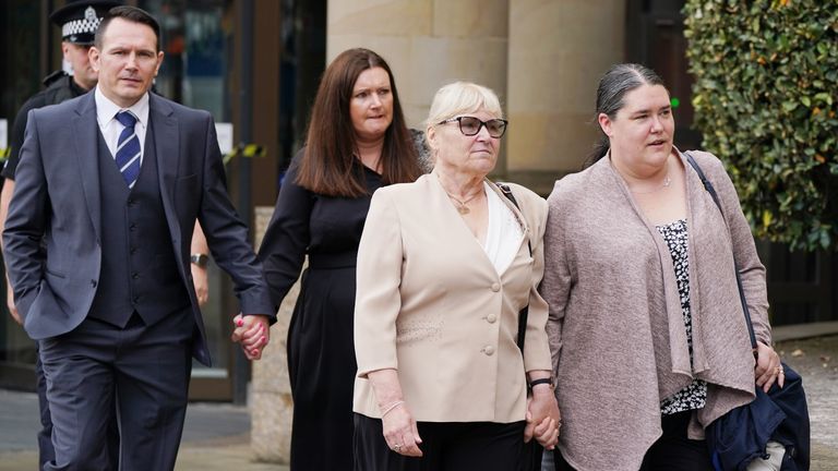 The widow of charity cyclist Tony Parsons, Margaret Parsons (centre) leaves the High Court, Glasgow, with their children, Mike and Victoria (right), following a hearing for drunk-driver Alexander McKellar who killed her husband with his car on September 29 2017 on the A82 near Bridge of Orchy
