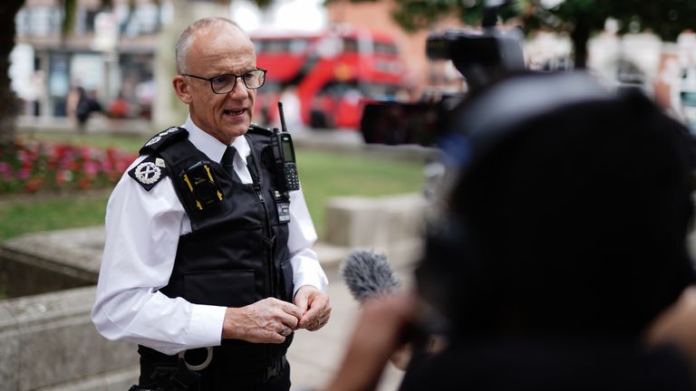 Metropolitan Police Commissioner Sir Mark Rowley speaks to the media in Hackney, east London, as he publicised his force&#39;s new PC recruitment ad campaign. Picture date: Wednesday July 19, 2023.