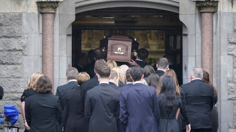 The coffin of Max Wall is carried into The Church of the Sacred Heart, Donnybrook, Dublin, ahead of his funeral. Max was one of two recently graduated Leaving Cert students from St. Michael&#39;s College in Dublin who died on the Greek island of Ios earlier this month. Picture date: Monday July 10, 2023.