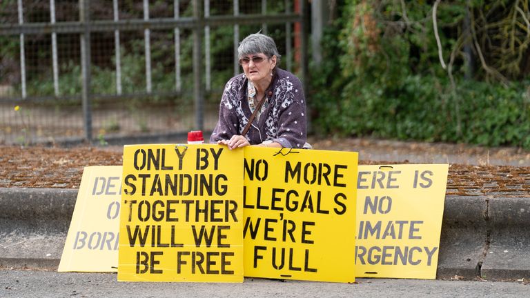 Protesters outside the asylum accommodation centre at MDP Wethersfield in Essex, a 335-hectare airfield owned by the Ministry of Defence (MoD), where the Home Office plan to house adult male migrants at the UK&#39;s largest asylum accommodation centre. Picture date: Tuesday July 11, 2023.