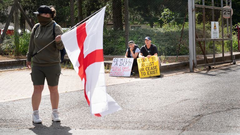 Protesters outside the asylum accommodation centre at MDP Wethersfield in Essex, a 335-hectare airfield owned by the Ministry of Defence (MoD), where the Home Office plan to house adult male migrants at the UK&#39;s largest asylum accommodation centre. Picture date: Tuesday July 11, 2023.