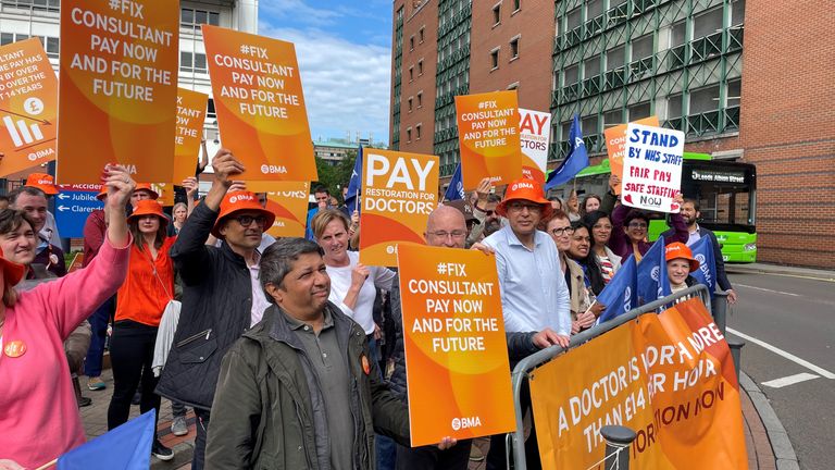 Medical consultant members of the British Medical Association (BMA) on the picket line outside Leeds General Infirmary as consultants in England are taking industrial action for the first time in more than a decade. Picture date: Friday July 21, 2023.
