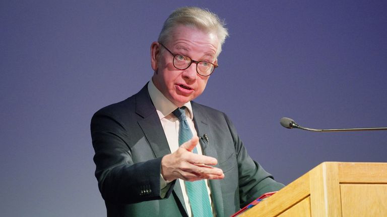 Minister for Levelling Up, Housing and Communities, Michael Gove, delivers a speech on planning reforms at Kings Place in King&#39;s Cross, 