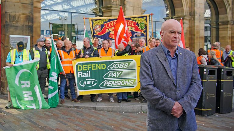 RMT general secretary Mick Lynch joins the picket line outside Liverpool Lime Street station during a strike by members of the RMT