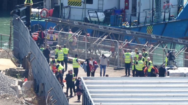 A group of people thought to be migrants are brought to Dover from a Border Force vessel