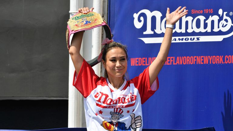 Photo by: NDZ/STAR MAX/IPx 2023 7/4/23 Professional competitive eater Miki Sudo wins her 9th title eating 37 Nathan&#39;s hot dogs in 10 minutes at the Nathan&#39;s Famous International Hot Dog Eating Contest at Coney Island on July 4, 2023 in New York City.