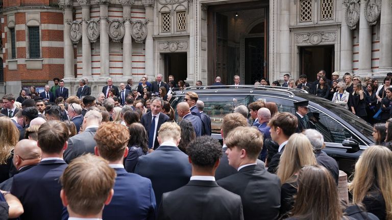 Mourners gather beside the hearse outside Westminster Cathedral following the funeral of Grace O&#39;Malley-Kumar. University of Nottingham student Grace was killed after being attacked in Nottingham on June 13. Picture date: Friday July 21, 2023.