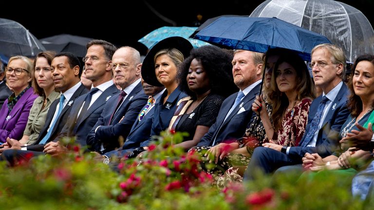 Dutch Minister of Finance Sigrid Kaag, Minister of Interior Affairs and Kingdom Relations Hanke Bruins Slot, Minister for Legal Protection Franc Weerwind, Prime Minister Mark Rutte, President of the Senate Jan Anthonie Bruijn, Queen Maxima, King Willem-Alexander, President of the House of Representatives Vera Bergkamp, ​​Minister of Justice and Security Dilan Yesilgoz and Minister of Education, Culture and Science Robbert Dijkgraaf attend the National Commemoration of Slavery in Oosterpark, in A