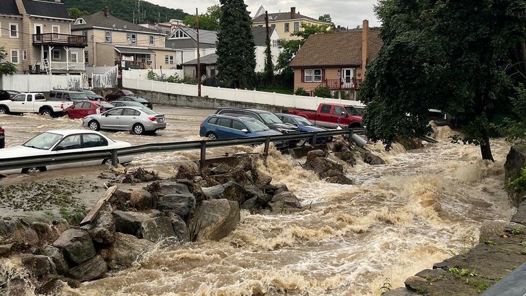 Floodwaters in Highland Falls, Orange County, New York Pic: Marc Zahakos/Reuters
