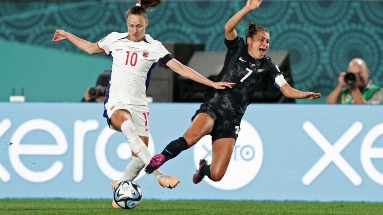 New Zealand&#39;s Ali Riley in action with Norway&#39;s Caroline Graham