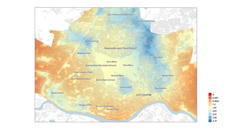 Newcastle upon Tyne cooling offset from trees and green space