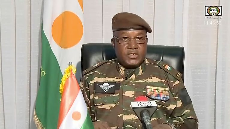 In this image taken from video provided by ORTN, Gen. Abdourahmane Tchiani makes a statement Friday, July 28, 2023, in Niamey, Niger. Niger state television identified him as the leader of the National Council for the Safeguarding of the Country, the group of soldiers who said they staged the coup against President Mohamed Bazoum. (ORTN via AP)