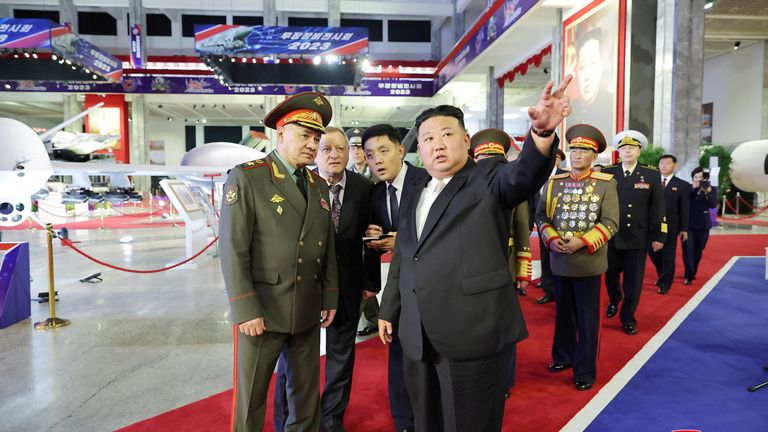 North Korean leader Kim Jong Un and Russia&#39;s Defence Minister Sergei Shoigu visit an exhibition of armed equipment on the occasion of the 70th anniversary of the Korean War armistice in this image released by North Korea&#39;s Korean Central News Agency on July 27, 2023.    KCNA via REUTERS    ATTENTION EDITORS - THIS IMAGE WAS PROVIDED BY A THIRD PARTY. REUTERS IS UNABLE TO INDEPENDENTLY VERIFY THIS IMAGE. NO THIRD PARTY SALES. SOUTH KOREA OUT. NO COMMERCIAL OR EDITORIAL SALES IN SOUTH KOREA.