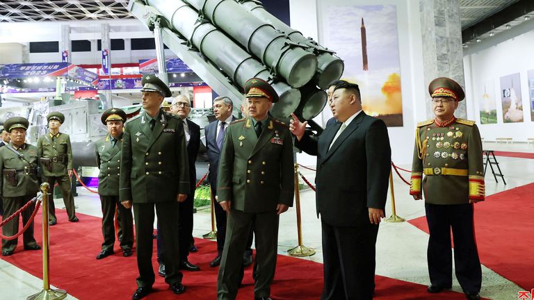 North Korean leader Kim Jong Un and Russia&#39;s Defence Minister Sergei Shoigu visit an exhibition of armed equipment on the occasion of the 70th anniversary of the Korean War armistice in this image released by North Korea&#39;s Korean Central News Agency on July 27, 2023.    KCNA via REUTERS    ATTENTION EDITORS - THIS IMAGE WAS PROVIDED BY A THIRD PARTY. REUTERS IS UNABLE TO INDEPENDENTLY VERIFY THIS IMAGE. NO THIRD PARTY SALES. SOUTH KOREA OUT. NO COMMERCIAL OR EDITORIAL SALES IN SOUTH KOREA.