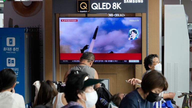 North Korea&#39;s missile launch during a news program at the Seoul Railway Station in Seoul, South Korea. Pic: AP