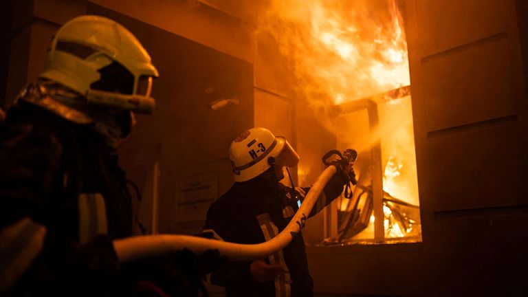 Firefighter work at a site of an administrative building heavily damaged by a Russian missile strike, amid Russia&#39;s attack on Ukraine, in Odesa, Ukraine July 20, 2023. Press service of the State Emergency Service of Ukraine/Handout via REUTERS ATTENTION EDITORS - THIS IMAGE HAS BEEN SUPPLIED BY A THIRD PARTY.
