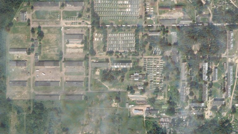 Satellite photo taken by Planet Labs PBC, a long convoy of dozens of vehicles arrive at a former military base outside the Belarusian town of Osipovichi
Pic:Planet Labs PBC/AP