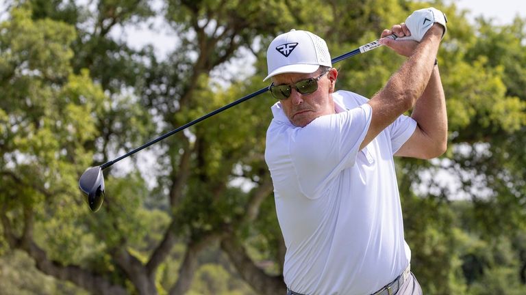 Captain Phil Mickelson of HyFlyers GC plays a shot on the driving range before the second round of LIV Golf Andaluc..a at the Real Club Valderrama on Saturday, July 01, 2023 in San Roque, Spain. (Photo by LIV Golf via AP)