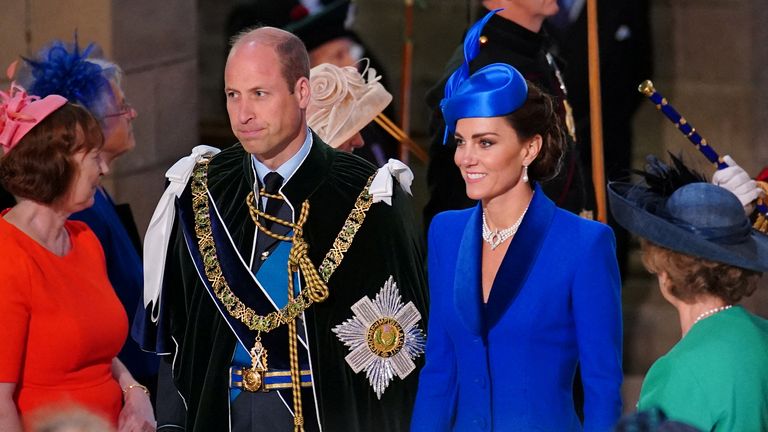 Britain&#39;s Prince William and Catherine, Princess of Wales, known as the Duke and Duchess of Rothesay while in Scotland arriving for the National Service of Thanksgiving and Dedication for King Charles III and Queen Camilla, and the presentation of the Honours of Scotland, at St Giles&#39; Cathedral, Edinburgh. Picture date: Wednesday July 5, 2023. Peter Byrne/Pool via REUTERS
