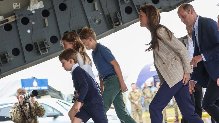 The Prince and Princess of Wales with Prince George, Princess Charlotte and Prince Louis on a C-17 aircraft during a visit to the Royal International Air Tattoo (RIAT) at RAF Fairford, Gloucestershire. Picture date: Friday July 14, 2023.